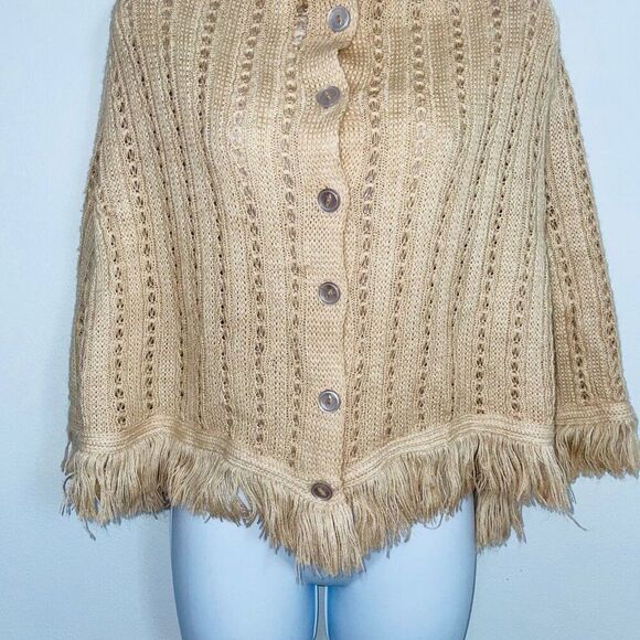 Womens Sweater Poncho OS Beige Sleeveless Cable Knit Fringe One Size - Picture 4 of 9